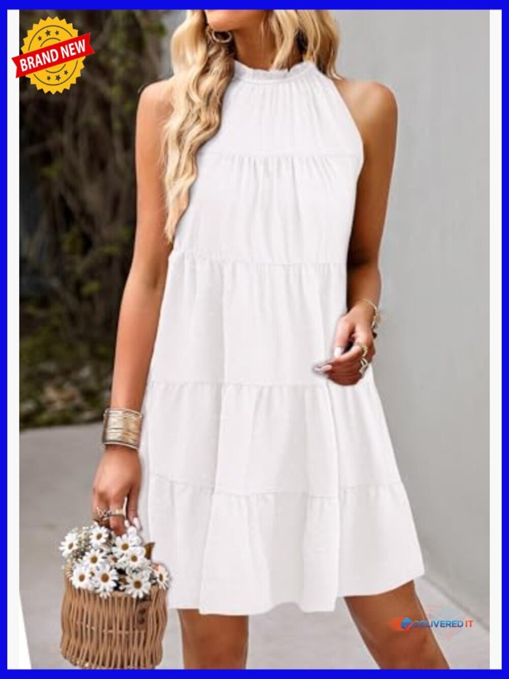 Halter Flowy Babydoll Sundress Tie Belt Sleeveless A-Line Mini - Picture 3 of 7